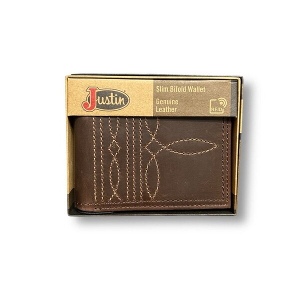 Justin Brown Genuine Leather Slim Bifold Wallet RFID Western Boot Stitching NIB - Picture 2 of 7
